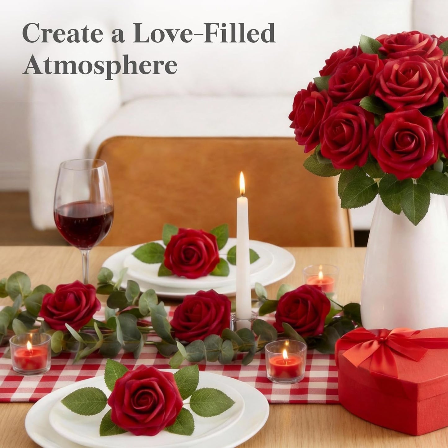 Artificial Flowers, 25 Pcs Dark Red Foam Real Looking Roses with Stems, Fake Roses for DIY Wedding Bouquets, Centerpieces Arrangements, Valentine Decorations