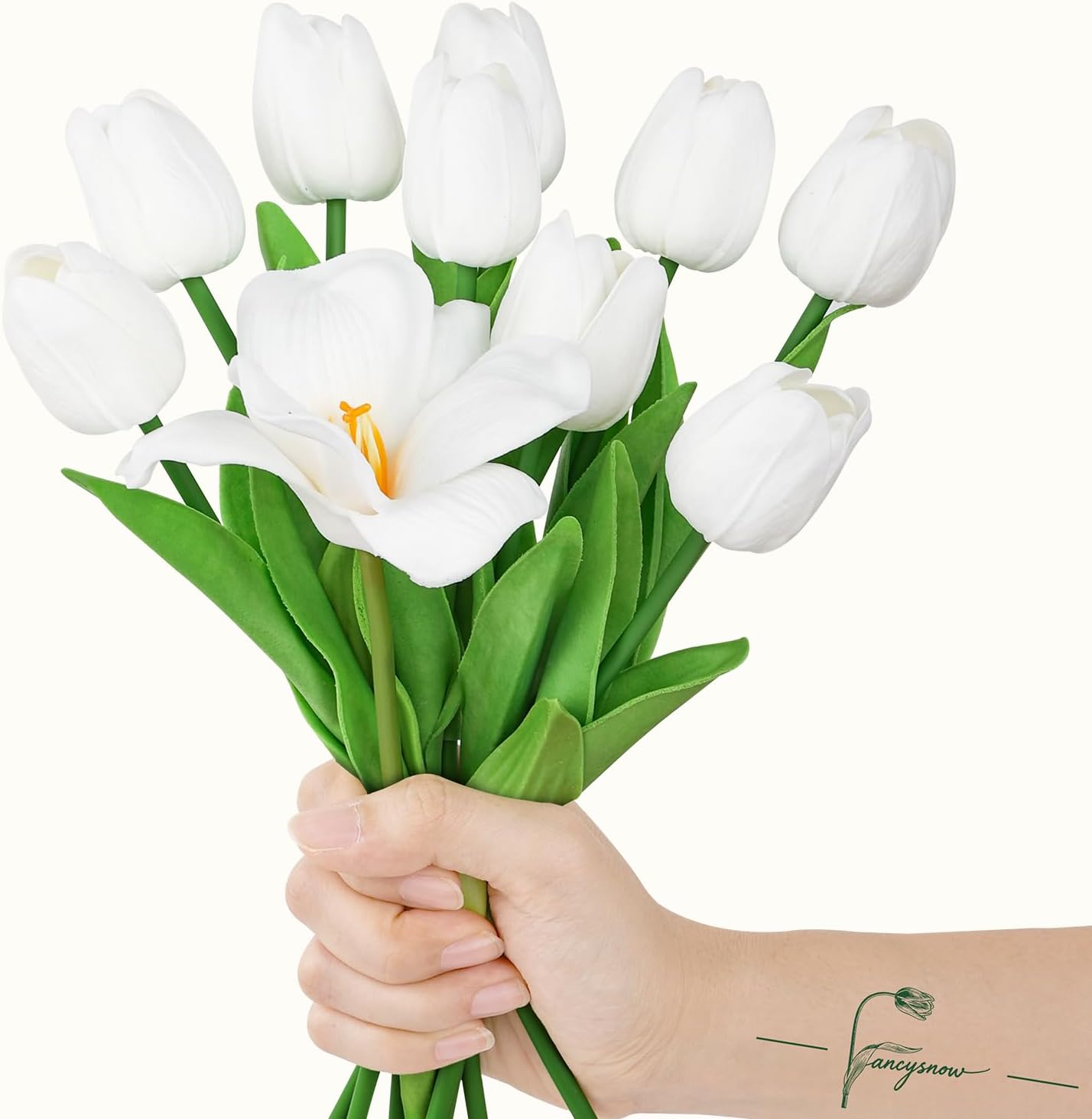 10Pcs White Tulips Artificial Flowers | Real Touch PU Faux Tulips, 9 Buds & 1 Fully Blooms Fake Flowers, Home Decor, Easter Spring Table Arrangement