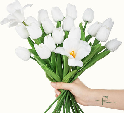 10Pcs White Tulips Artificial Flowers | Real Touch PU Faux Tulips, 9 Buds & 1 Fully Blooms Fake Flowers, Home Decor, Easter Spring Table Arrangement