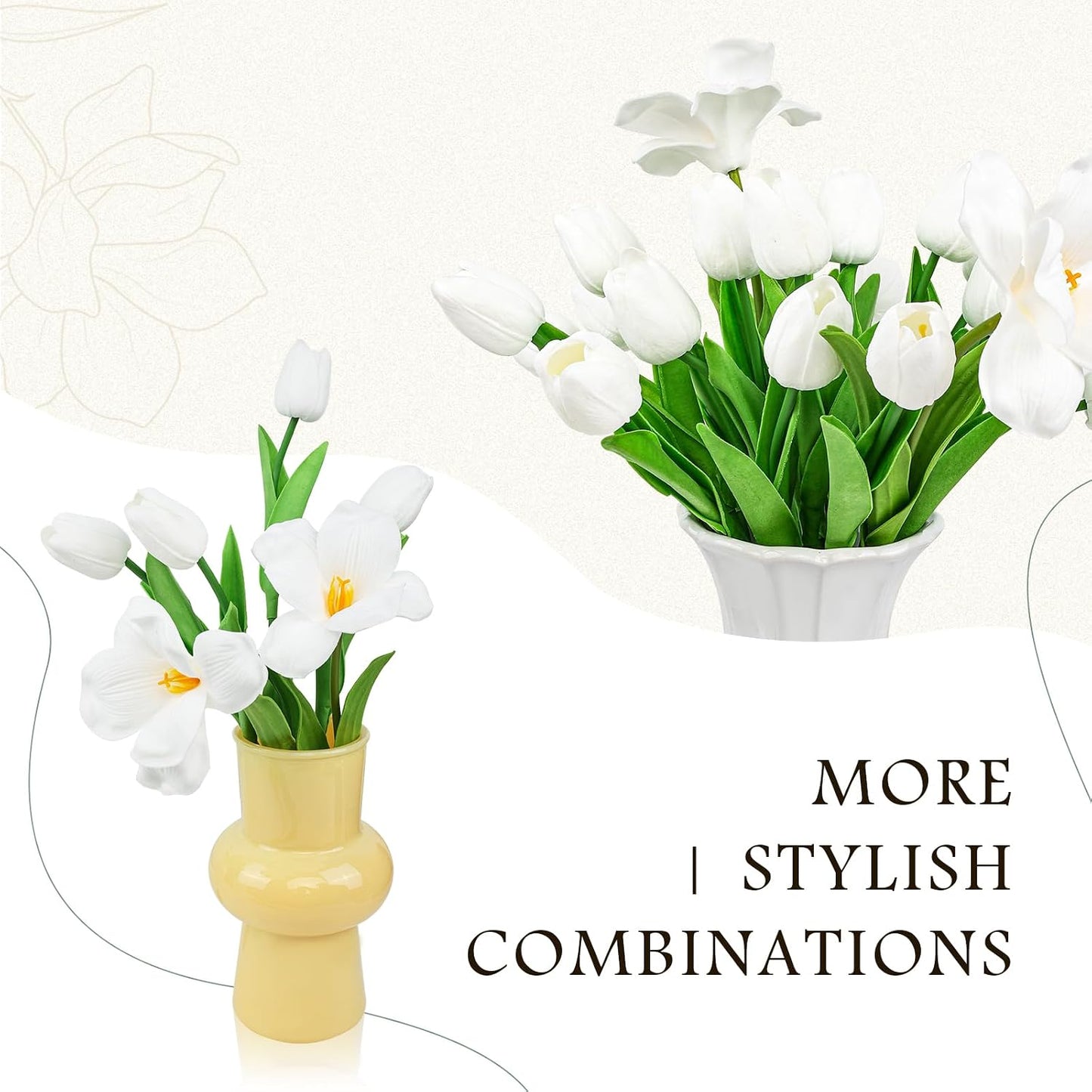 10Pcs White Tulips Artificial Flowers | Real Touch PU Faux Tulips, 9 Buds & 1 Fully Blooms Fake Flowers, Home Decor, Easter Spring Table Arrangement