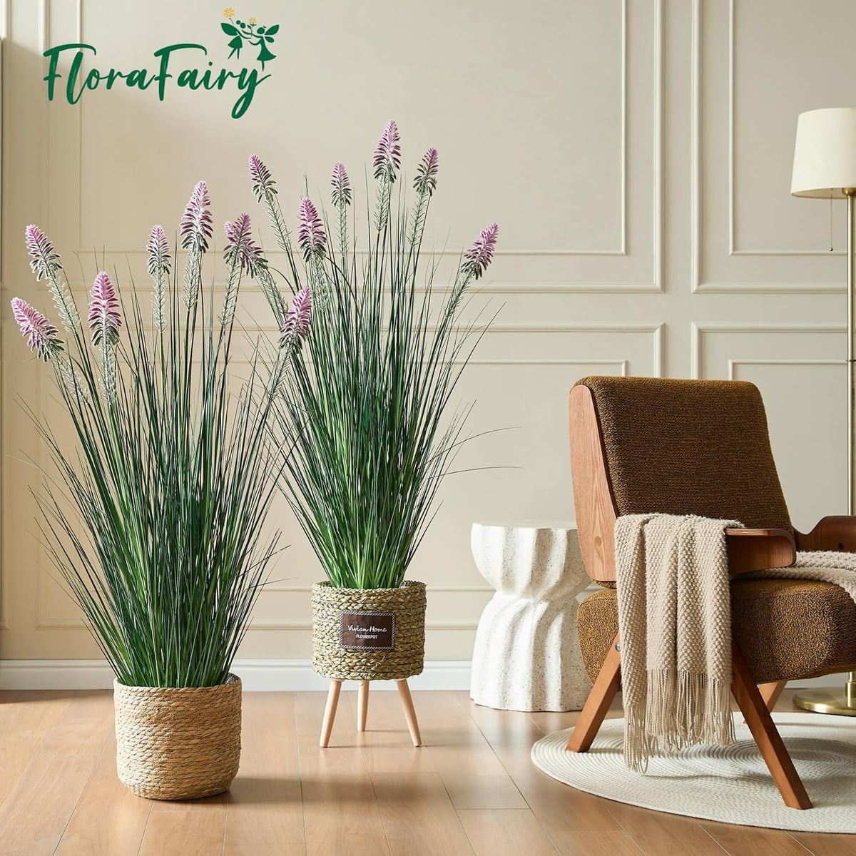 Faux 4ft Horsetail Reed Grass with Pink Spikes 2-Pack, Fake Grass in Pot