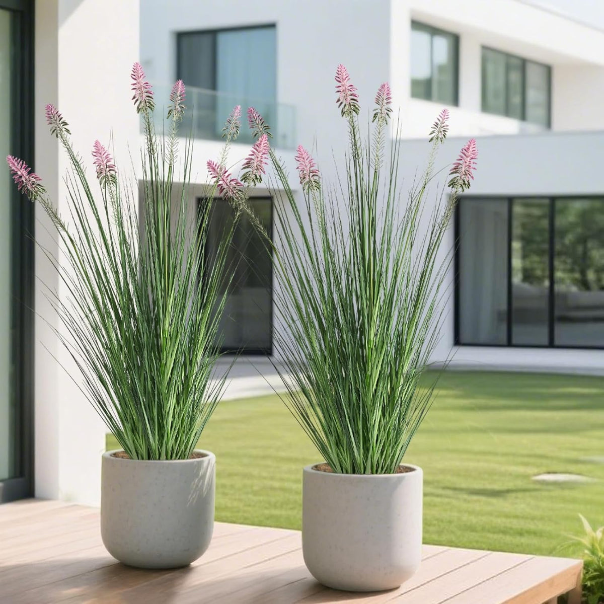 Faux 4ft Horsetail Reed Grass with Pink Spikes 2-Pack, Fake Grass in Pot