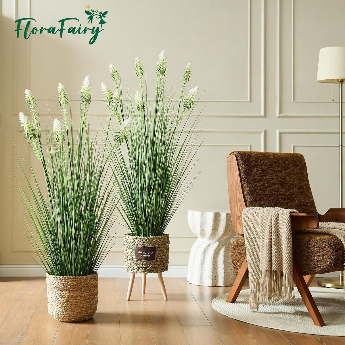 Faux 4ft Horsetail Reed Grass with Pink Spikes 2-Pack, Fake Grass in Pot