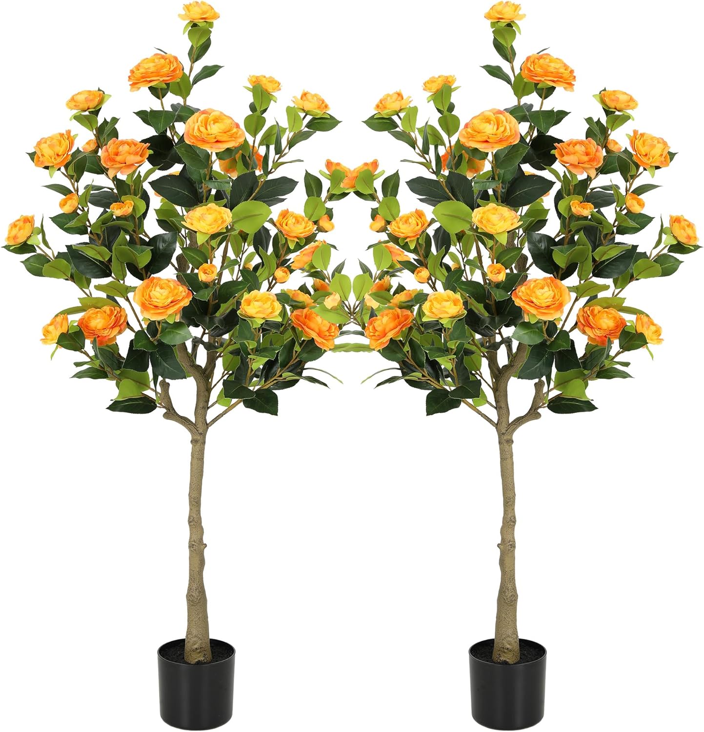 5ft Artificial Camellia Tree with Silk Orange Flowers, 60in Faux Camellia Plant with Lifelike Trunk, Fake Flower Tree Potted Front Door Plants for Porch Patio Deck Living Room Decor, 2Pack