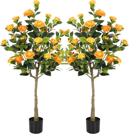 5ft Artificial Camellia Tree with Silk Orange Flowers, 60in Faux Camellia Plant with Lifelike Trunk, Fake Flower Tree Potted Front Door Plants for Porch Patio Deck Living Room Decor, 2Pack