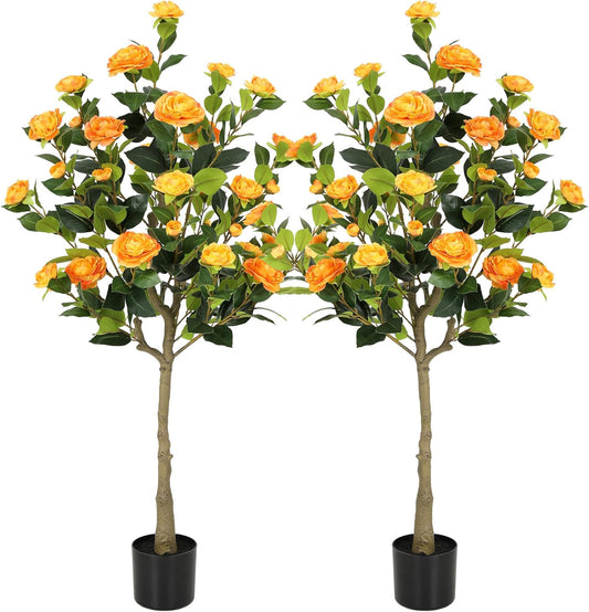 5ft Artificial Camellia Tree with Silk Orange Flowers, 60in Faux Camellia Plant with Lifelike Trunk, Fake Flower Tree Potted Front Door Plants for Porch Patio Deck Living Room Decor, 2Pack