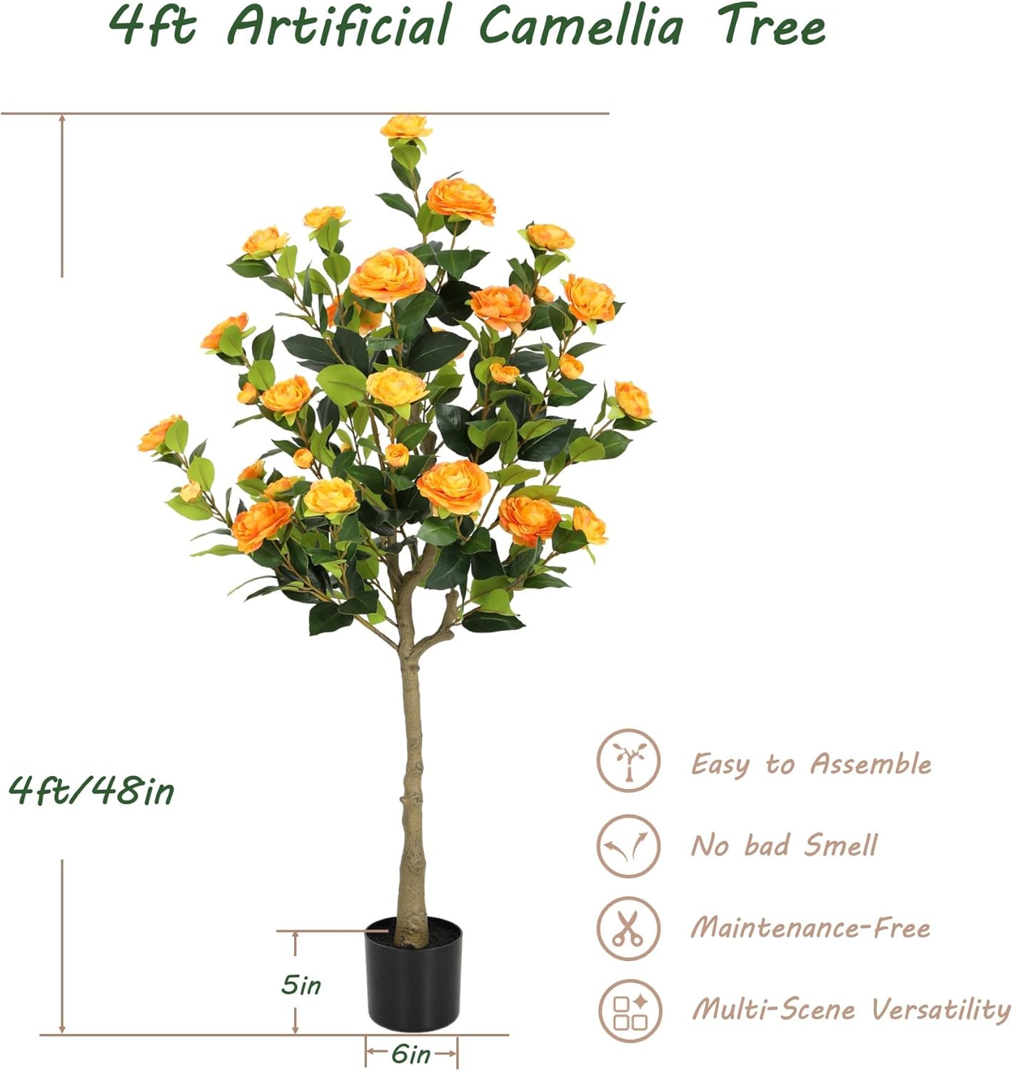5ft Artificial Camellia Tree with Silk Orange Flowers, 60in Faux Camellia Plant with Lifelike Trunk, Fake Flower Tree Potted Front Door Plants for Porch Patio Deck Living Room Decor, 2Pack