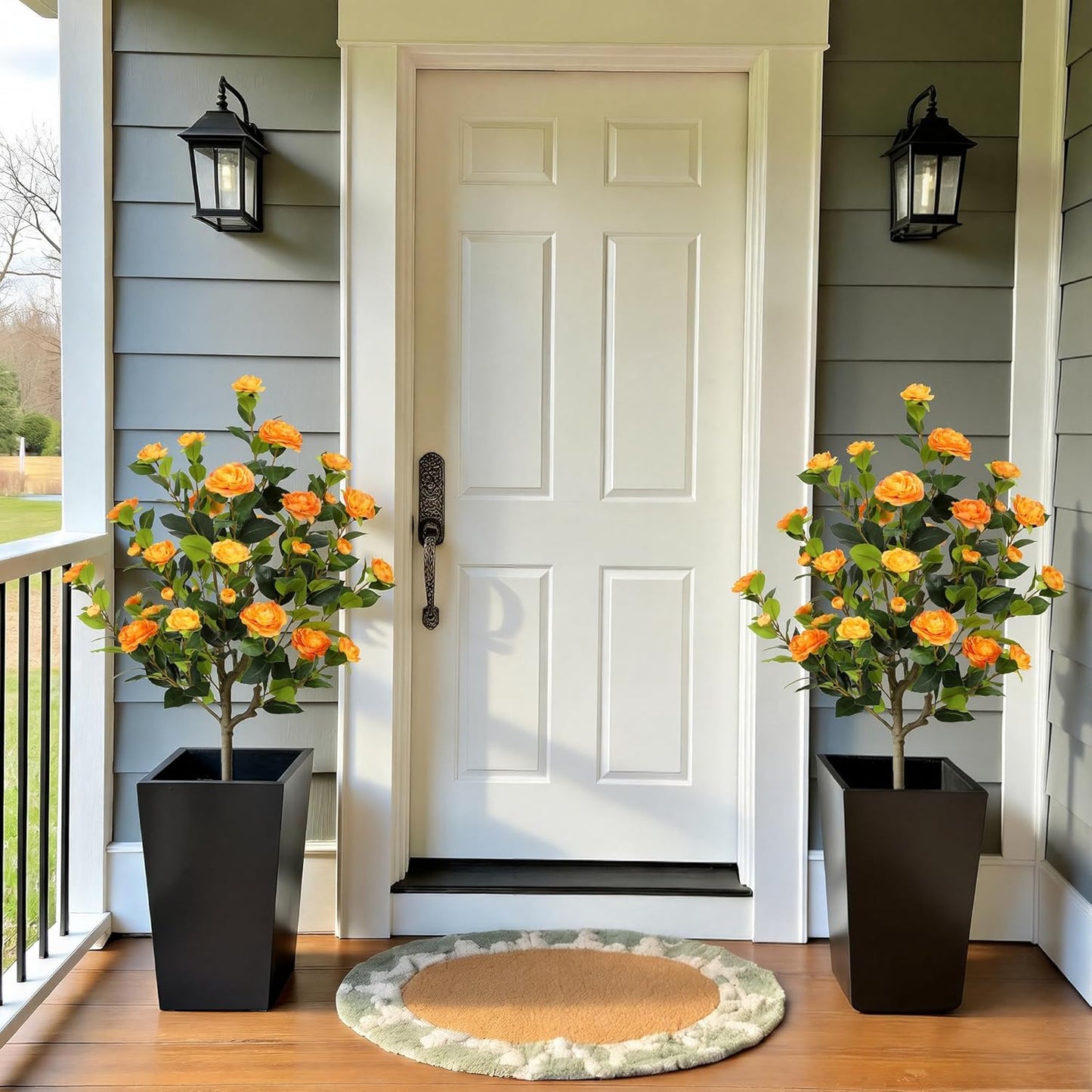 5ft Artificial Camellia Tree with Silk Orange Flowers, 60in Faux Camellia Plant with Lifelike Trunk, Fake Flower Tree Potted Front Door Plants for Porch Patio Deck Living Room Decor, 2Pack