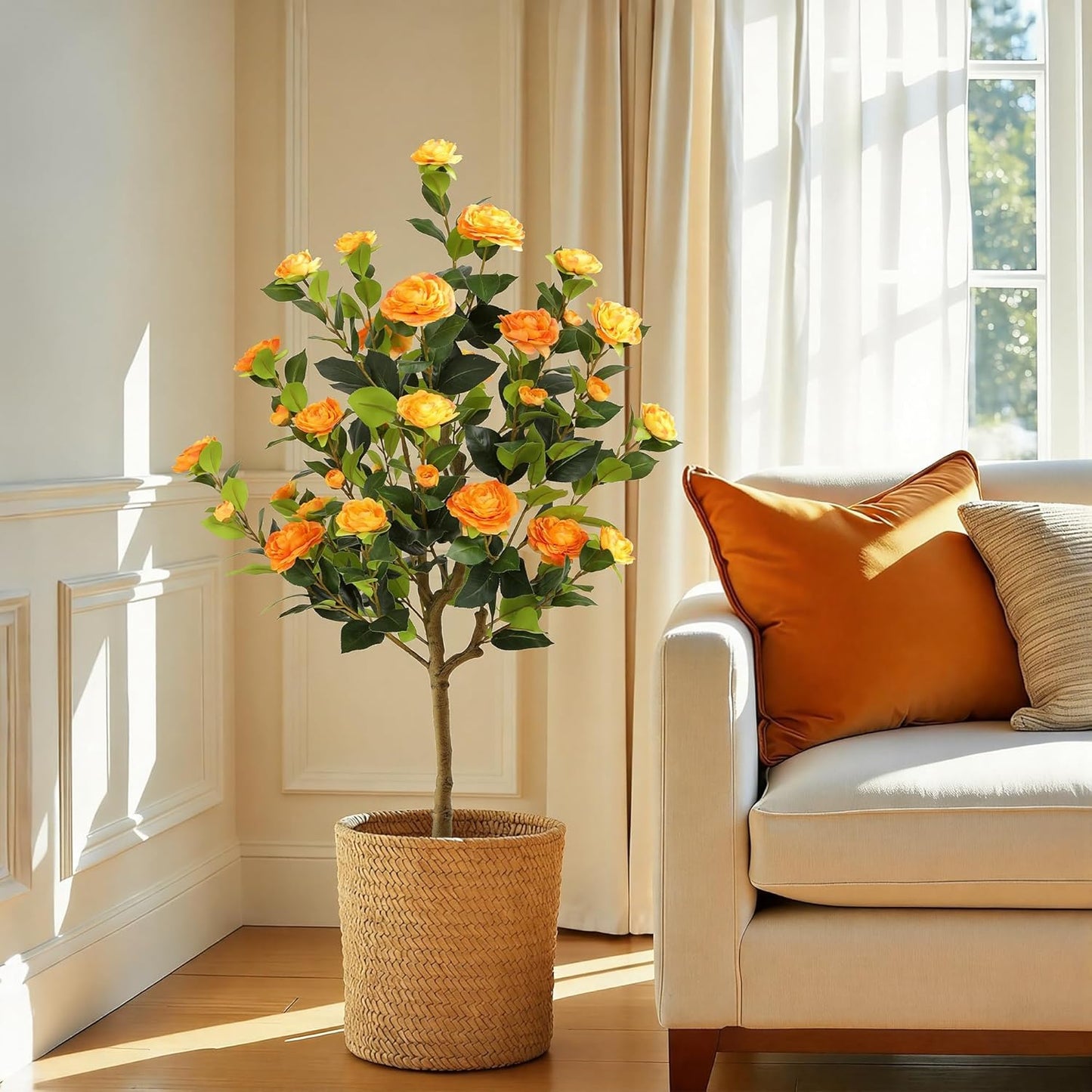 5ft Artificial Camellia Tree with Silk Orange Flowers, 60in Faux Camellia Plant with Lifelike Trunk, Fake Flower Tree Potted Front Door Plants for Porch Patio Deck Living Room Decor, 2Pack