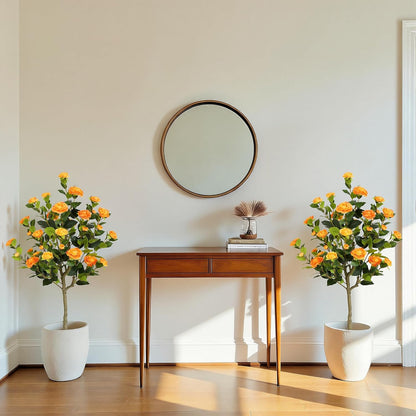 5ft Artificial Camellia Tree with Silk Orange Flowers, 60in Faux Camellia Plant with Lifelike Trunk, Fake Flower Tree Potted Front Door Plants for Porch Patio Deck Living Room Decor, 2Pack