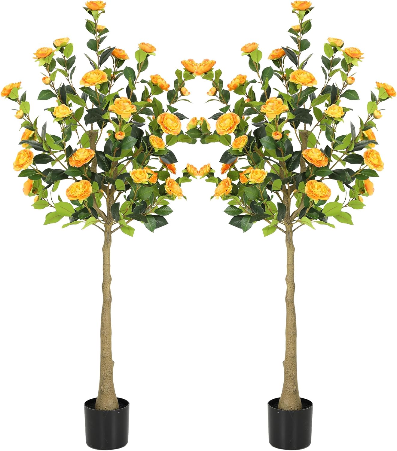 5ft Artificial Camellia Tree with Silk Orange Flowers, 60in Faux Camellia Plant with Lifelike Trunk, Fake Flower Tree Potted Front Door Plants for Porch Patio Deck Living Room Decor, 2Pack