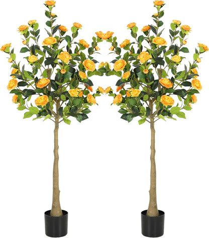 5ft Artificial Camellia Tree with Silk Orange Flowers, 60in Faux Camellia Plant with Lifelike Trunk, Fake Flower Tree Potted Front Door Plants for Porch Patio Deck Living Room Decor, 2Pack