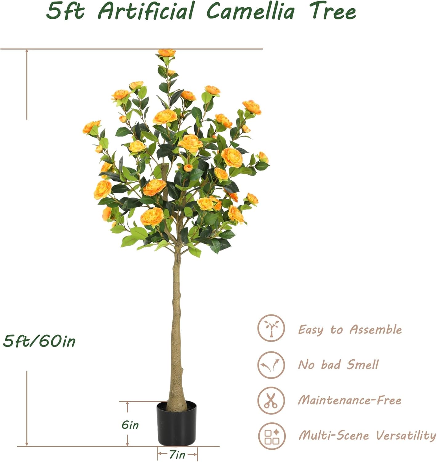 5ft Artificial Camellia Tree with Silk Orange Flowers, 60in Faux Camellia Plant with Lifelike Trunk, Fake Flower Tree Potted Front Door Plants for Porch Patio Deck Living Room Decor, 2Pack