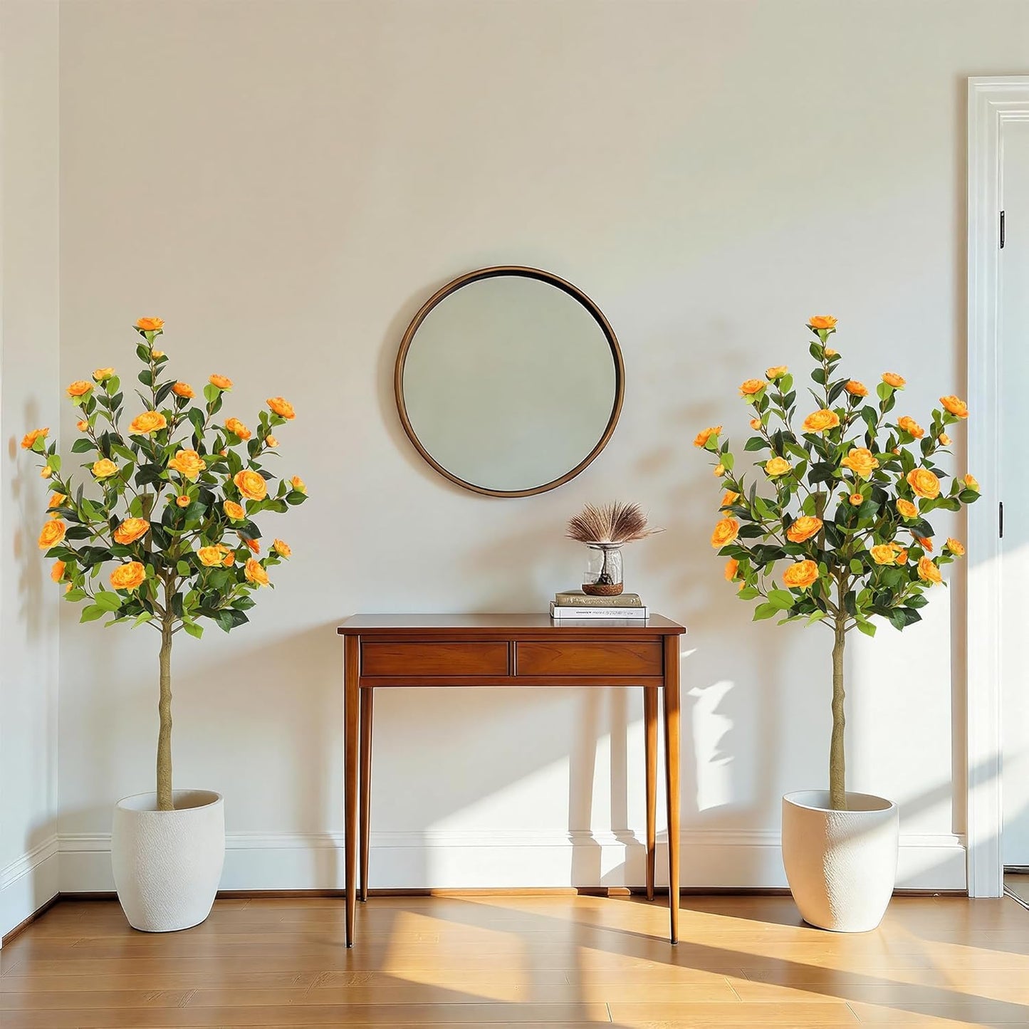 5ft Artificial Camellia Tree with Silk Orange Flowers, 60in Faux Camellia Plant with Lifelike Trunk, Fake Flower Tree Potted Front Door Plants for Porch Patio Deck Living Room Decor, 2Pack