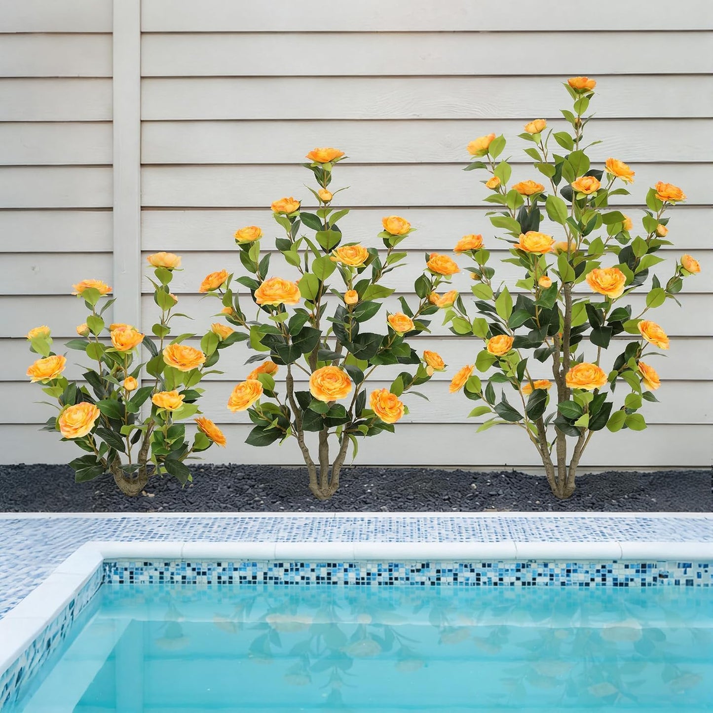 5ft Artificial Camellia Tree with Silk Orange Flowers, 60in Faux Camellia Plant with Lifelike Trunk, Fake Flower Tree Potted Front Door Plants for Porch Patio Deck Living Room Decor, 2Pack