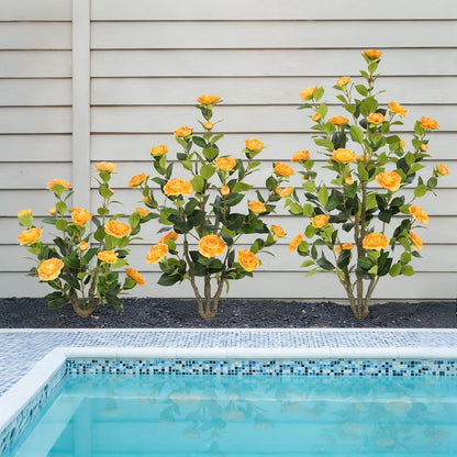 5ft Artificial Camellia Tree with Silk Orange Flowers, 60in Faux Camellia Plant with Lifelike Trunk, Fake Flower Tree Potted Front Door Plants for Porch Patio Deck Living Room Decor, 2Pack