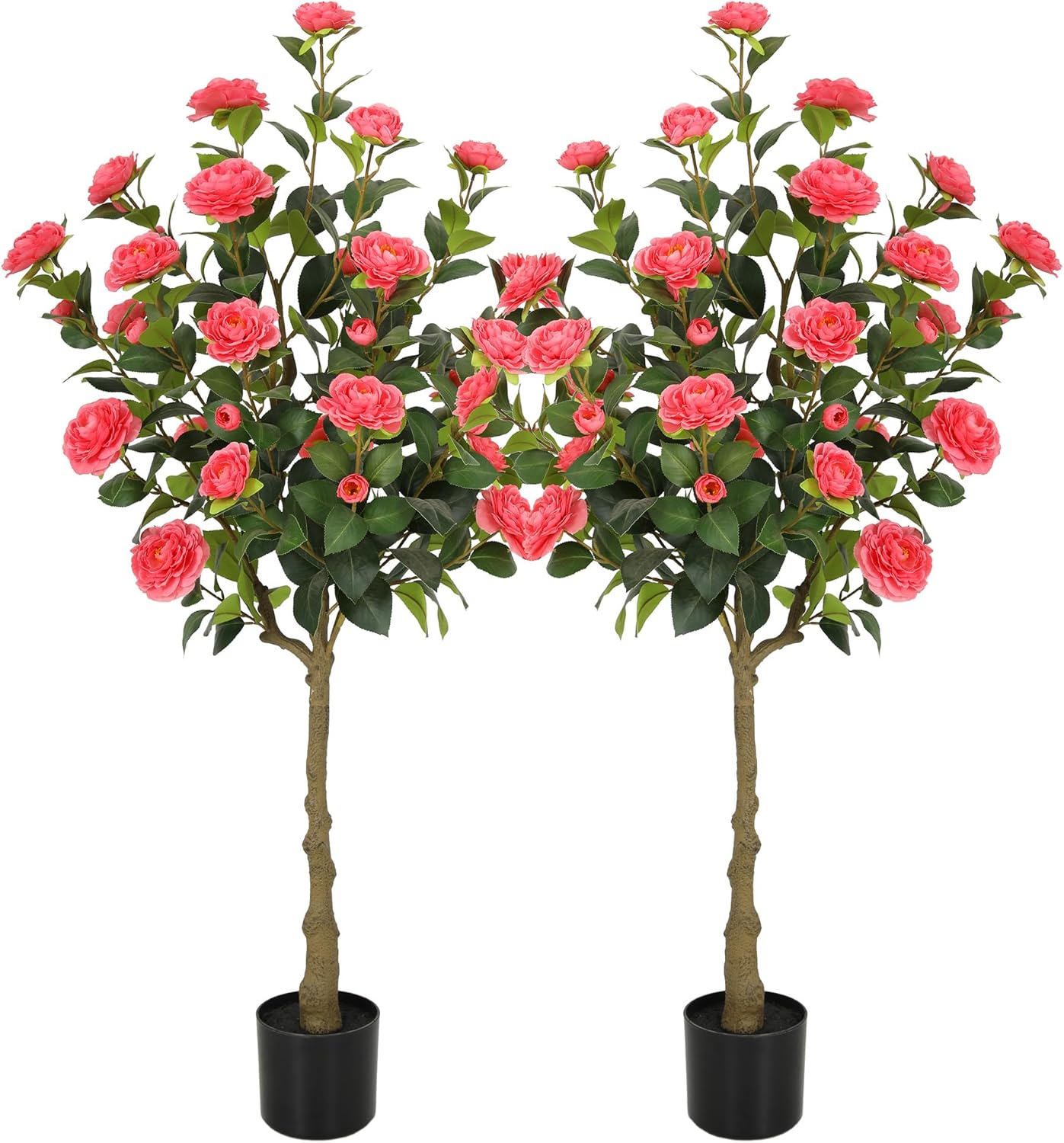 5ft Artificial Camellia Tree with Silk Orange Flowers, 60in Faux Camellia Plant with Lifelike Trunk, Fake Flower Tree Potted Front Door Plants for Porch Patio Deck Living Room Decor, 2Pack