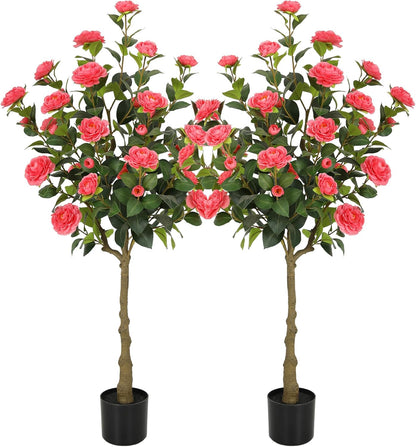 5ft Artificial Camellia Tree with Silk Orange Flowers, 60in Faux Camellia Plant with Lifelike Trunk, Fake Flower Tree Potted Front Door Plants for Porch Patio Deck Living Room Decor, 2Pack