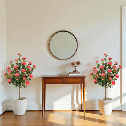 5ft Artificial Camellia Tree with Silk Orange Flowers, 60in Faux Camellia Plant with Lifelike Trunk, Fake Flower Tree Potted Front Door Plants for Porch Patio Deck Living Room Decor, 2Pack