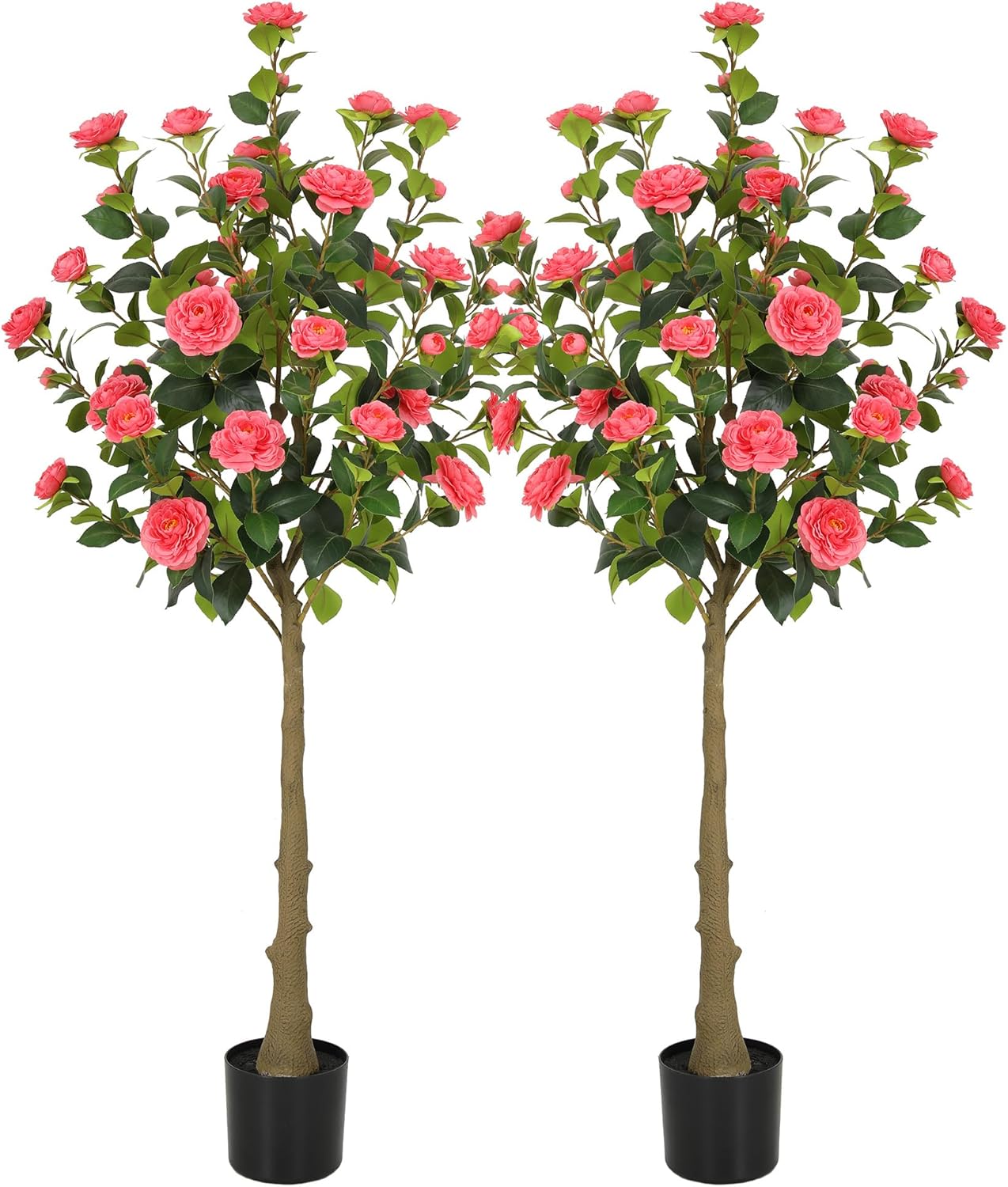 5ft Artificial Camellia Tree with Silk Orange Flowers, 60in Faux Camellia Plant with Lifelike Trunk, Fake Flower Tree Potted Front Door Plants for Porch Patio Deck Living Room Decor, 2Pack