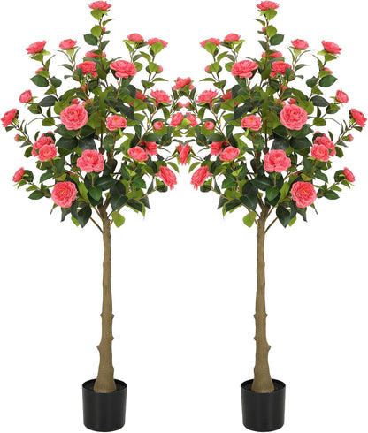 5ft Artificial Camellia Tree with Silk Orange Flowers, 60in Faux Camellia Plant with Lifelike Trunk, Fake Flower Tree Potted Front Door Plants for Porch Patio Deck Living Room Decor, 2Pack