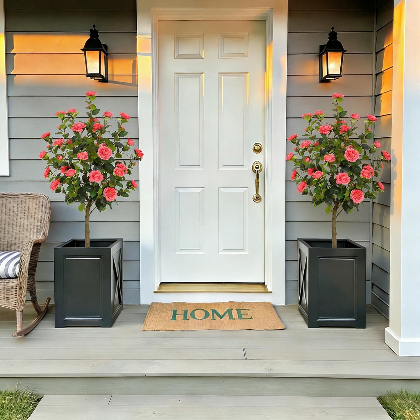 5ft Artificial Camellia Tree with Silk Orange Flowers, 60in Faux Camellia Plant with Lifelike Trunk, Fake Flower Tree Potted Front Door Plants for Porch Patio Deck Living Room Decor, 2Pack