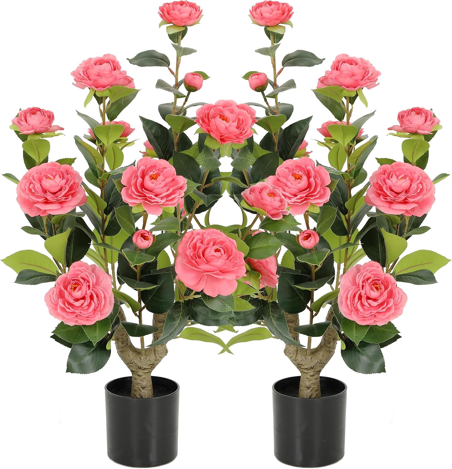 5ft Artificial Camellia Tree with Silk Orange Flowers, 60in Faux Camellia Plant with Lifelike Trunk, Fake Flower Tree Potted Front Door Plants for Porch Patio Deck Living Room Decor, 2Pack