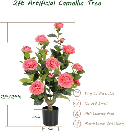 5ft Artificial Camellia Tree with Silk Orange Flowers, 60in Faux Camellia Plant with Lifelike Trunk, Fake Flower Tree Potted Front Door Plants for Porch Patio Deck Living Room Decor, 2Pack