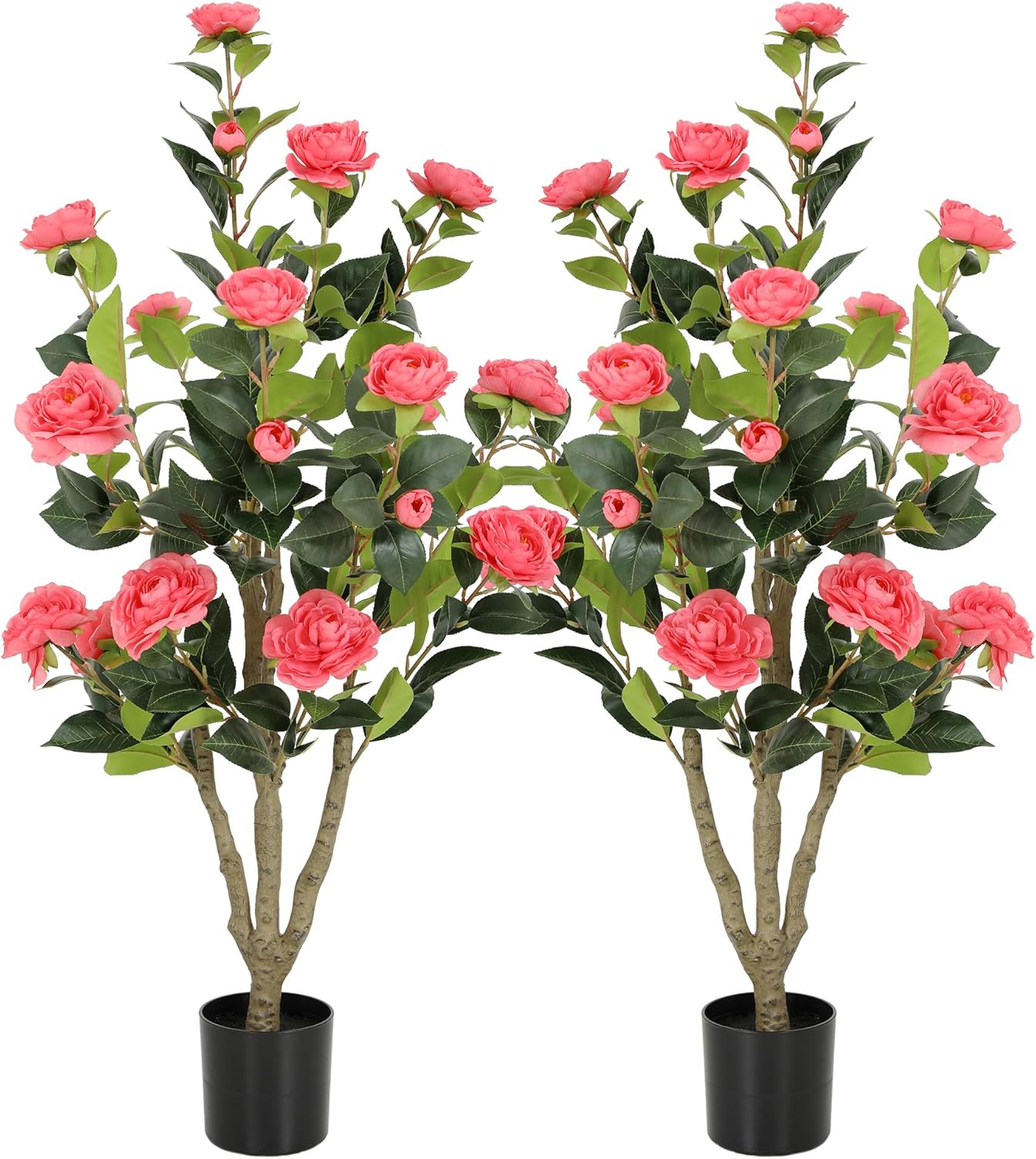5ft Artificial Camellia Tree with Silk Orange Flowers, 60in Faux Camellia Plant with Lifelike Trunk, Fake Flower Tree Potted Front Door Plants for Porch Patio Deck Living Room Decor, 2Pack