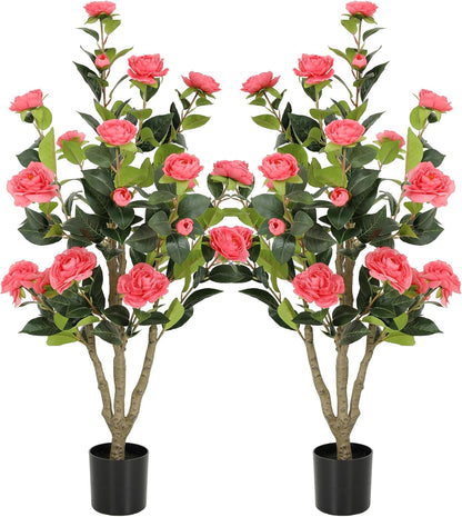 5ft Artificial Camellia Tree with Silk Orange Flowers, 60in Faux Camellia Plant with Lifelike Trunk, Fake Flower Tree Potted Front Door Plants for Porch Patio Deck Living Room Decor, 2Pack