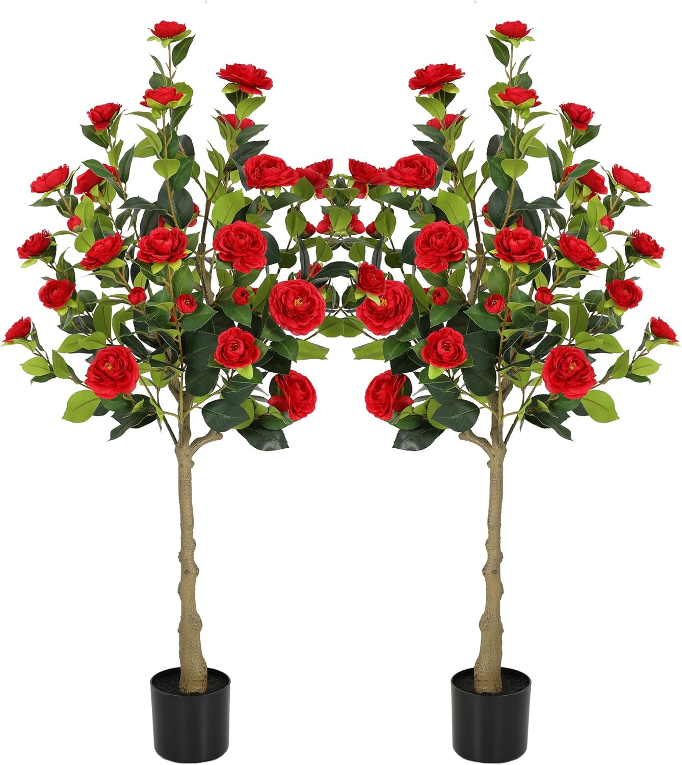 5ft Artificial Camellia Tree with Silk Orange Flowers, 60in Faux Camellia Plant with Lifelike Trunk, Fake Flower Tree Potted Front Door Plants for Porch Patio Deck Living Room Decor, 2Pack