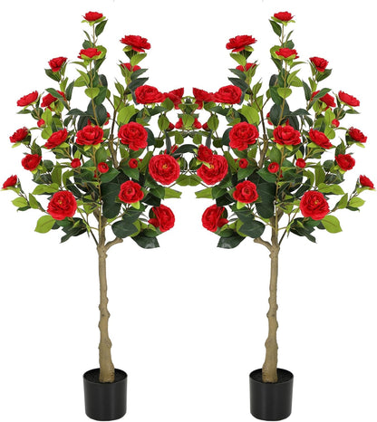 5ft Artificial Camellia Tree with Silk Orange Flowers, 60in Faux Camellia Plant with Lifelike Trunk, Fake Flower Tree Potted Front Door Plants for Porch Patio Deck Living Room Decor, 2Pack