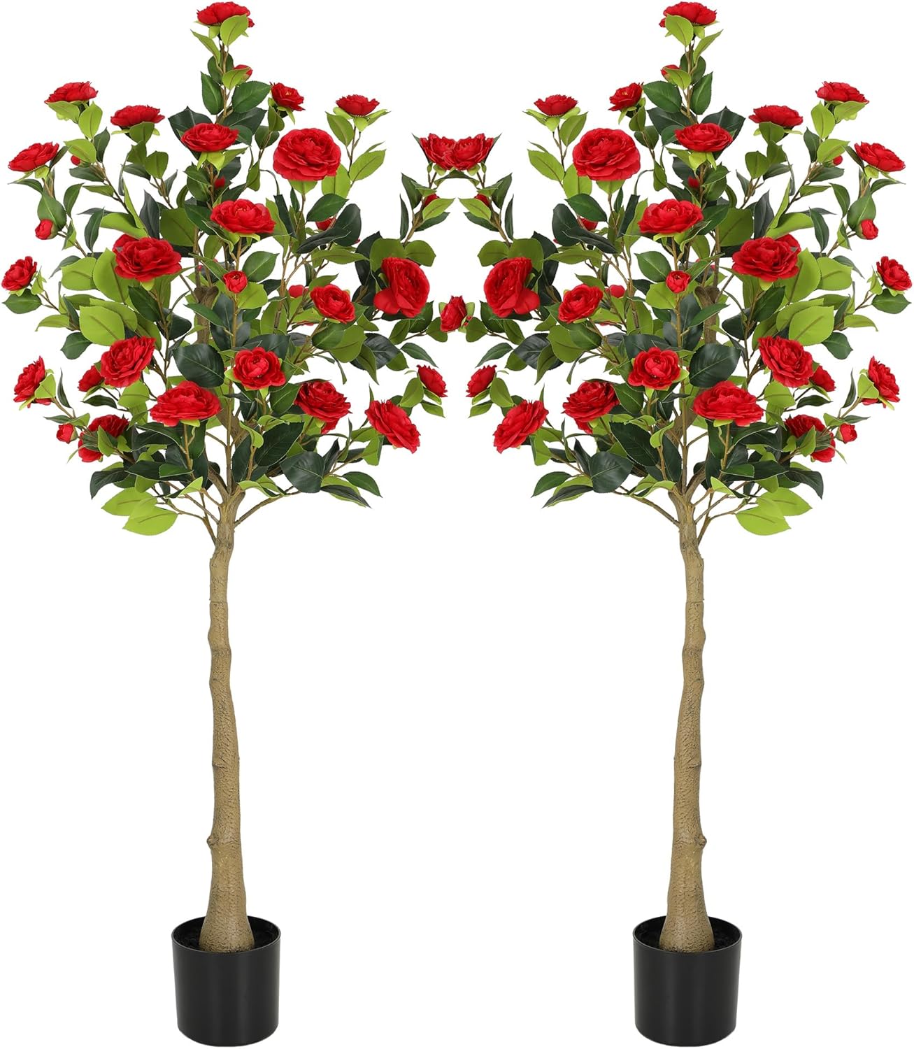 5ft Artificial Camellia Tree with Silk Orange Flowers, 60in Faux Camellia Plant with Lifelike Trunk, Fake Flower Tree Potted Front Door Plants for Porch Patio Deck Living Room Decor, 2Pack