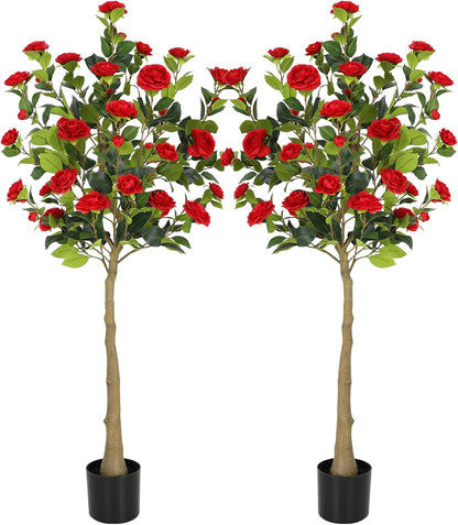 5ft Artificial Camellia Tree with Silk Orange Flowers, 60in Faux Camellia Plant with Lifelike Trunk, Fake Flower Tree Potted Front Door Plants for Porch Patio Deck Living Room Decor, 2Pack
