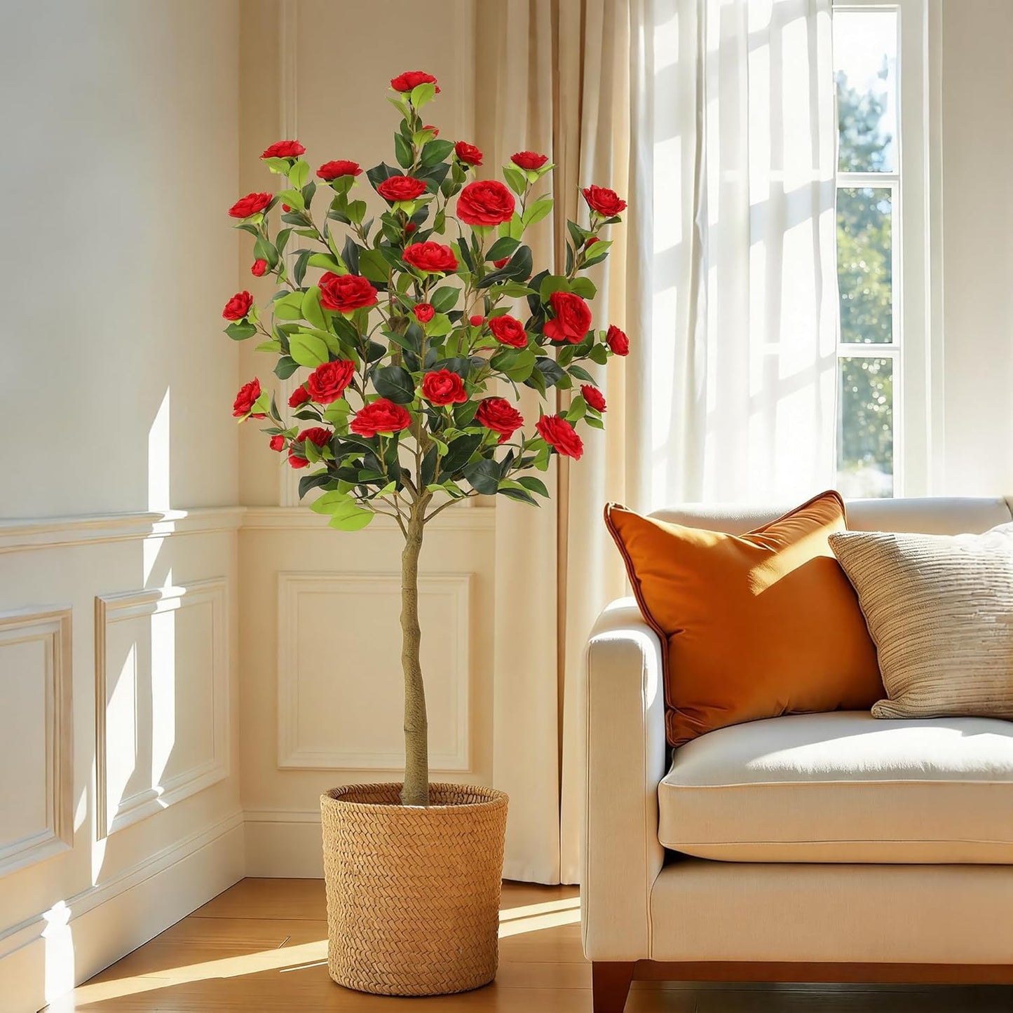 5ft Artificial Camellia Tree with Silk Orange Flowers, 60in Faux Camellia Plant with Lifelike Trunk, Fake Flower Tree Potted Front Door Plants for Porch Patio Deck Living Room Decor, 2Pack