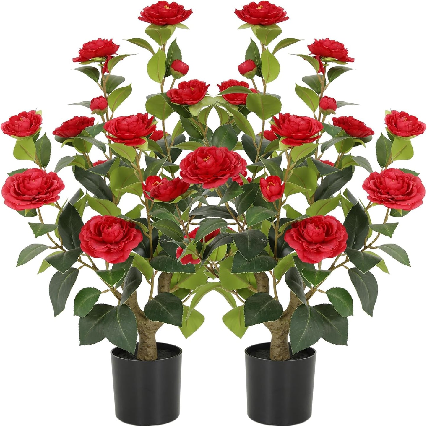 5ft Artificial Camellia Tree with Silk Orange Flowers, 60in Faux Camellia Plant with Lifelike Trunk, Fake Flower Tree Potted Front Door Plants for Porch Patio Deck Living Room Decor, 2Pack