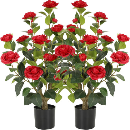 5ft Artificial Camellia Tree with Silk Orange Flowers, 60in Faux Camellia Plant with Lifelike Trunk, Fake Flower Tree Potted Front Door Plants for Porch Patio Deck Living Room Decor, 2Pack