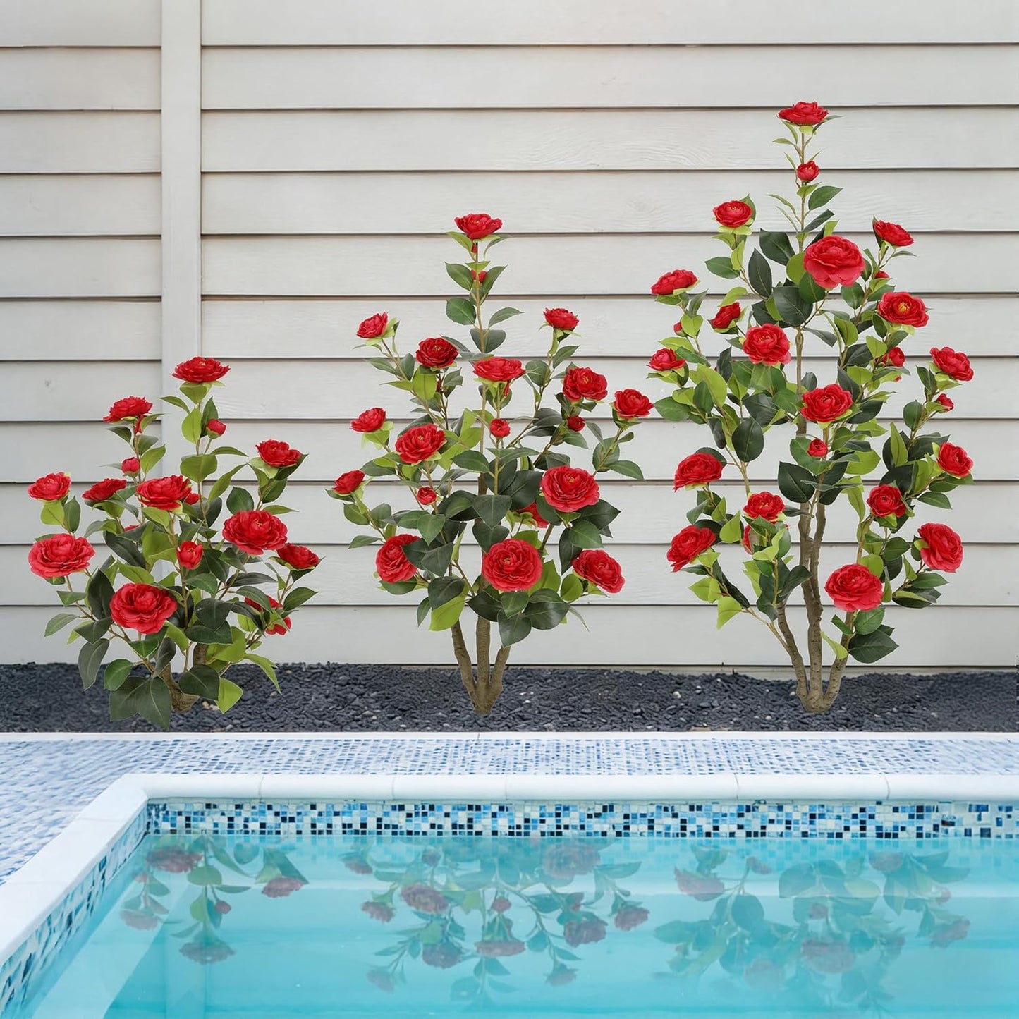 5ft Artificial Camellia Tree with Silk Orange Flowers, 60in Faux Camellia Plant with Lifelike Trunk, Fake Flower Tree Potted Front Door Plants for Porch Patio Deck Living Room Decor, 2Pack