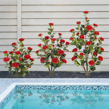 5ft Artificial Camellia Tree with Silk Orange Flowers, 60in Faux Camellia Plant with Lifelike Trunk, Fake Flower Tree Potted Front Door Plants for Porch Patio Deck Living Room Decor, 2Pack