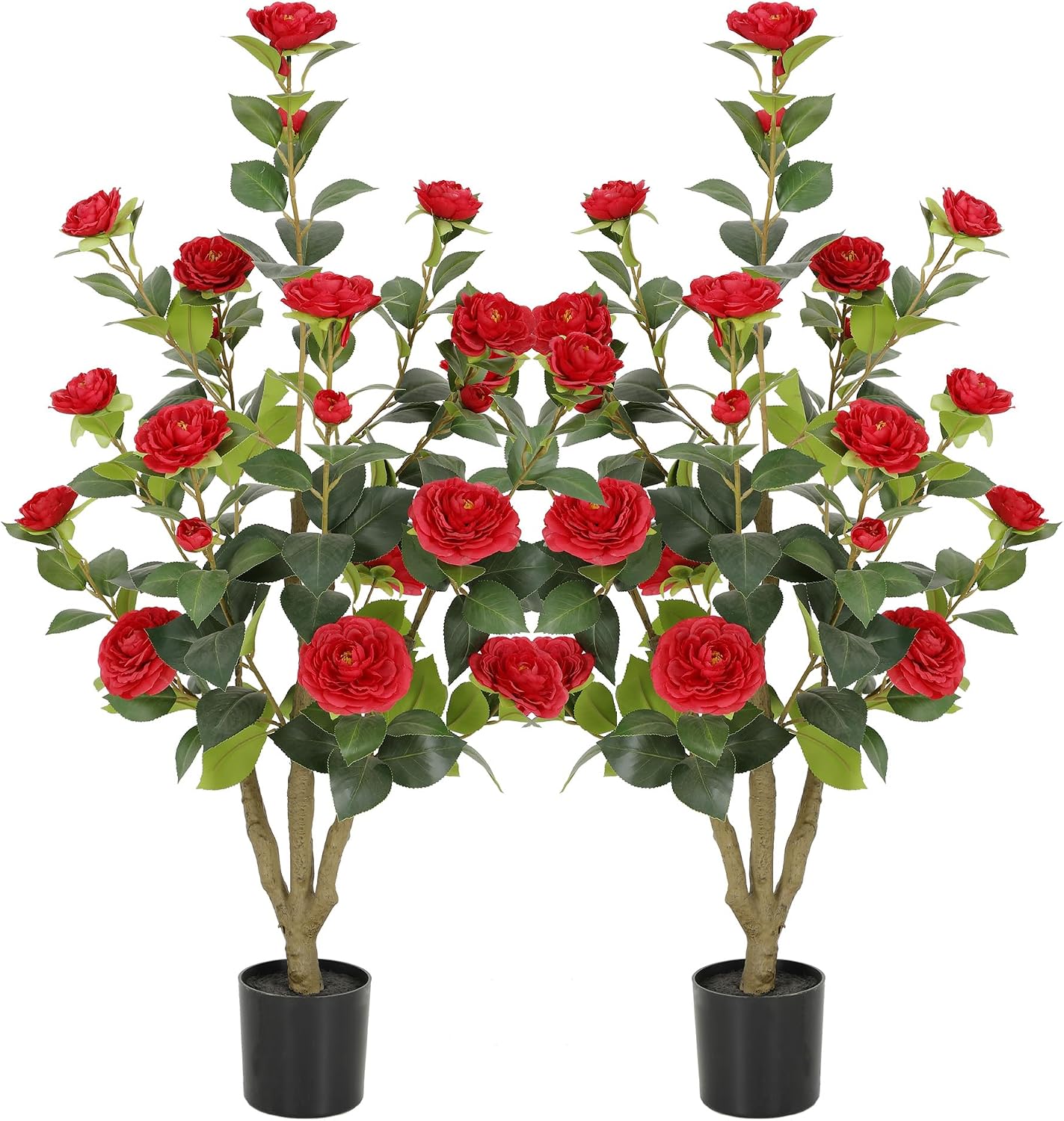 5ft Artificial Camellia Tree with Silk Orange Flowers, 60in Faux Camellia Plant with Lifelike Trunk, Fake Flower Tree Potted Front Door Plants for Porch Patio Deck Living Room Decor, 2Pack