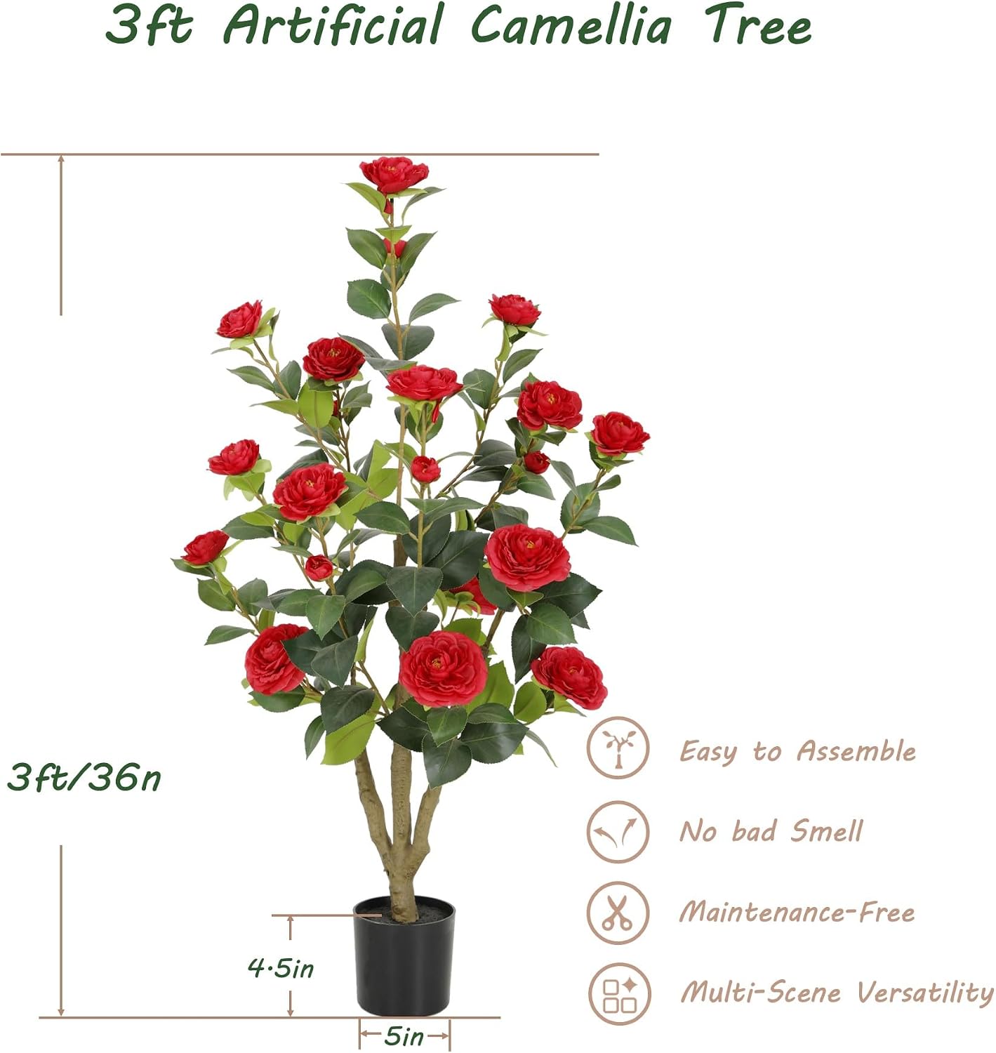 5ft Artificial Camellia Tree with Silk Orange Flowers, 60in Faux Camellia Plant with Lifelike Trunk, Fake Flower Tree Potted Front Door Plants for Porch Patio Deck Living Room Decor, 2Pack