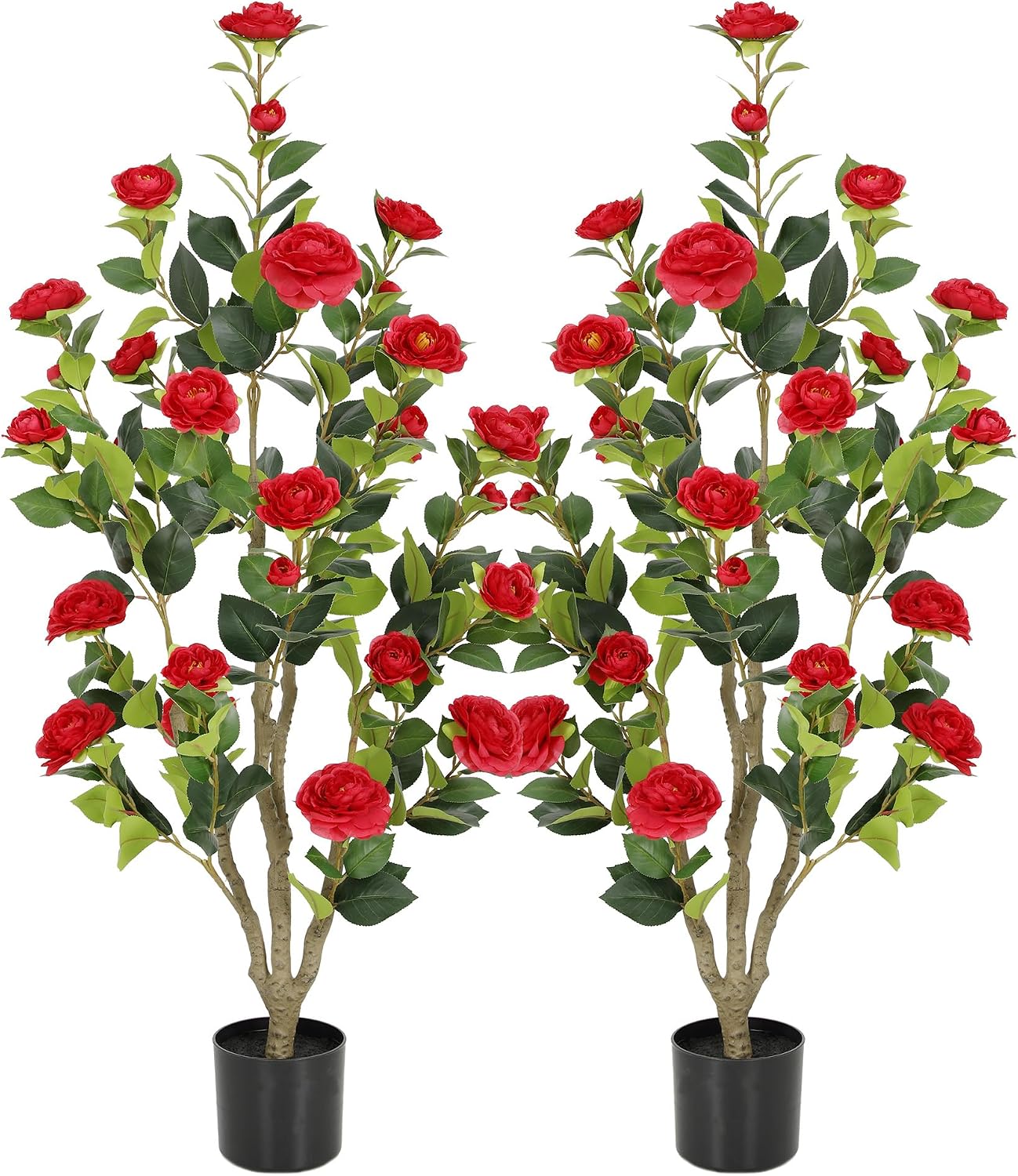 5ft Artificial Camellia Tree with Silk Orange Flowers, 60in Faux Camellia Plant with Lifelike Trunk, Fake Flower Tree Potted Front Door Plants for Porch Patio Deck Living Room Decor, 2Pack