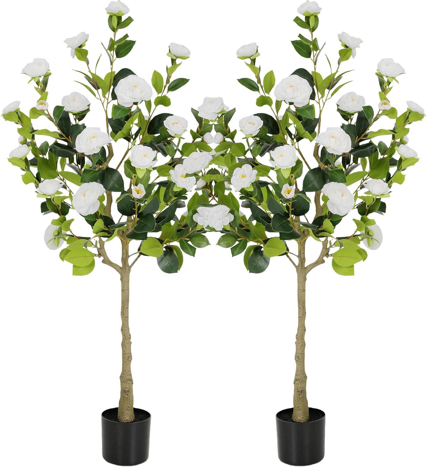 5ft Artificial Camellia Tree with Silk Orange Flowers, 60in Faux Camellia Plant with Lifelike Trunk, Fake Flower Tree Potted Front Door Plants for Porch Patio Deck Living Room Decor, 2Pack