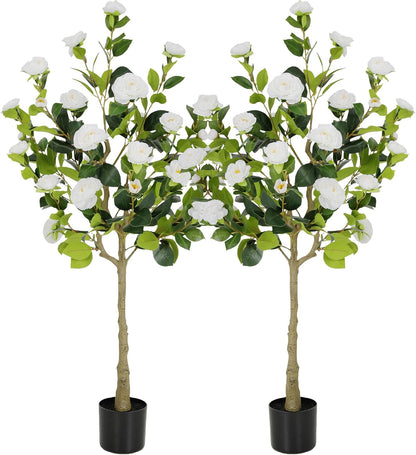 5ft Artificial Camellia Tree with Silk Orange Flowers, 60in Faux Camellia Plant with Lifelike Trunk, Fake Flower Tree Potted Front Door Plants for Porch Patio Deck Living Room Decor, 2Pack