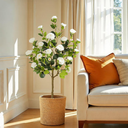 5ft Artificial Camellia Tree with Silk Orange Flowers, 60in Faux Camellia Plant with Lifelike Trunk, Fake Flower Tree Potted Front Door Plants for Porch Patio Deck Living Room Decor, 2Pack