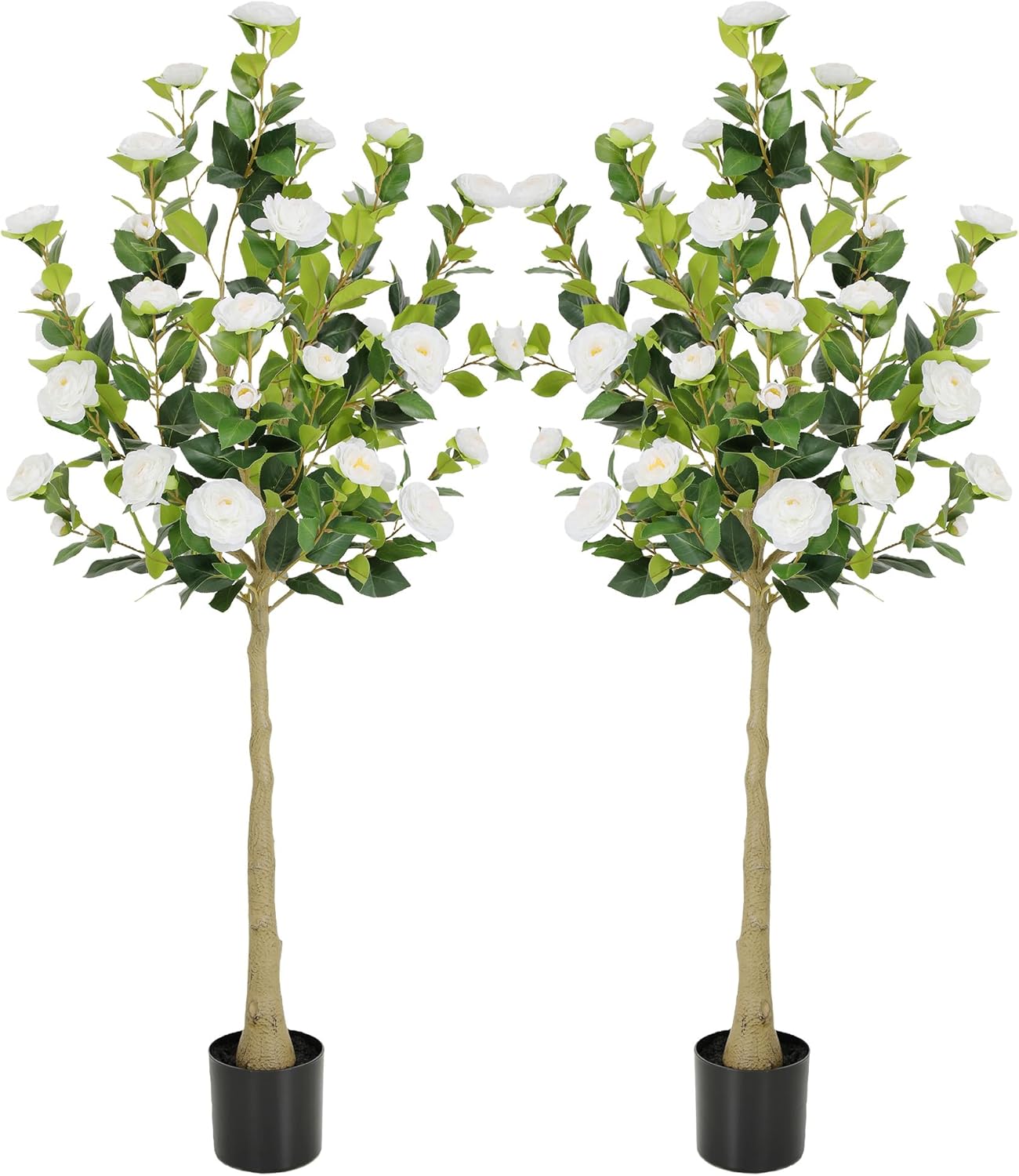 5ft Artificial Camellia Tree with Silk Orange Flowers, 60in Faux Camellia Plant with Lifelike Trunk, Fake Flower Tree Potted Front Door Plants for Porch Patio Deck Living Room Decor, 2Pack