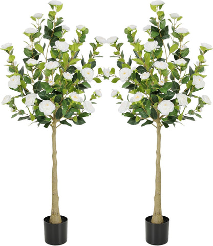 5ft Artificial Camellia Tree with Silk Orange Flowers, 60in Faux Camellia Plant with Lifelike Trunk, Fake Flower Tree Potted Front Door Plants for Porch Patio Deck Living Room Decor, 2Pack