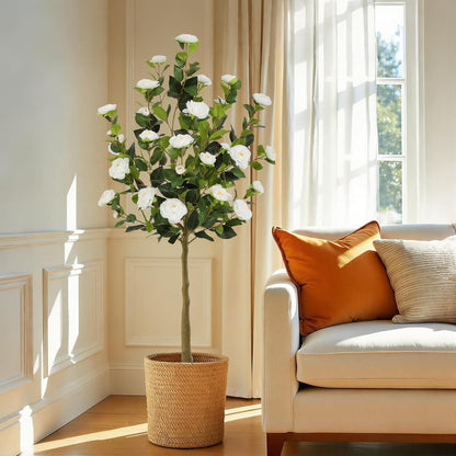 5ft Artificial Camellia Tree with Silk Orange Flowers, 60in Faux Camellia Plant with Lifelike Trunk, Fake Flower Tree Potted Front Door Plants for Porch Patio Deck Living Room Decor, 2Pack