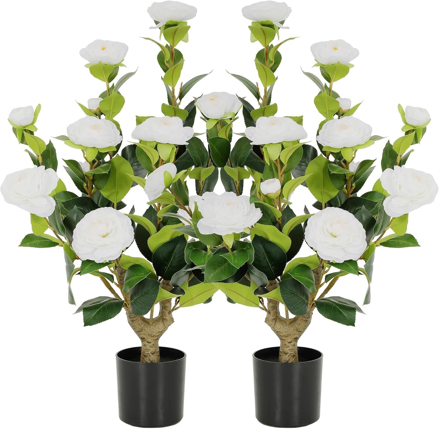 5ft Artificial Camellia Tree with Silk Orange Flowers, 60in Faux Camellia Plant with Lifelike Trunk, Fake Flower Tree Potted Front Door Plants for Porch Patio Deck Living Room Decor, 2Pack