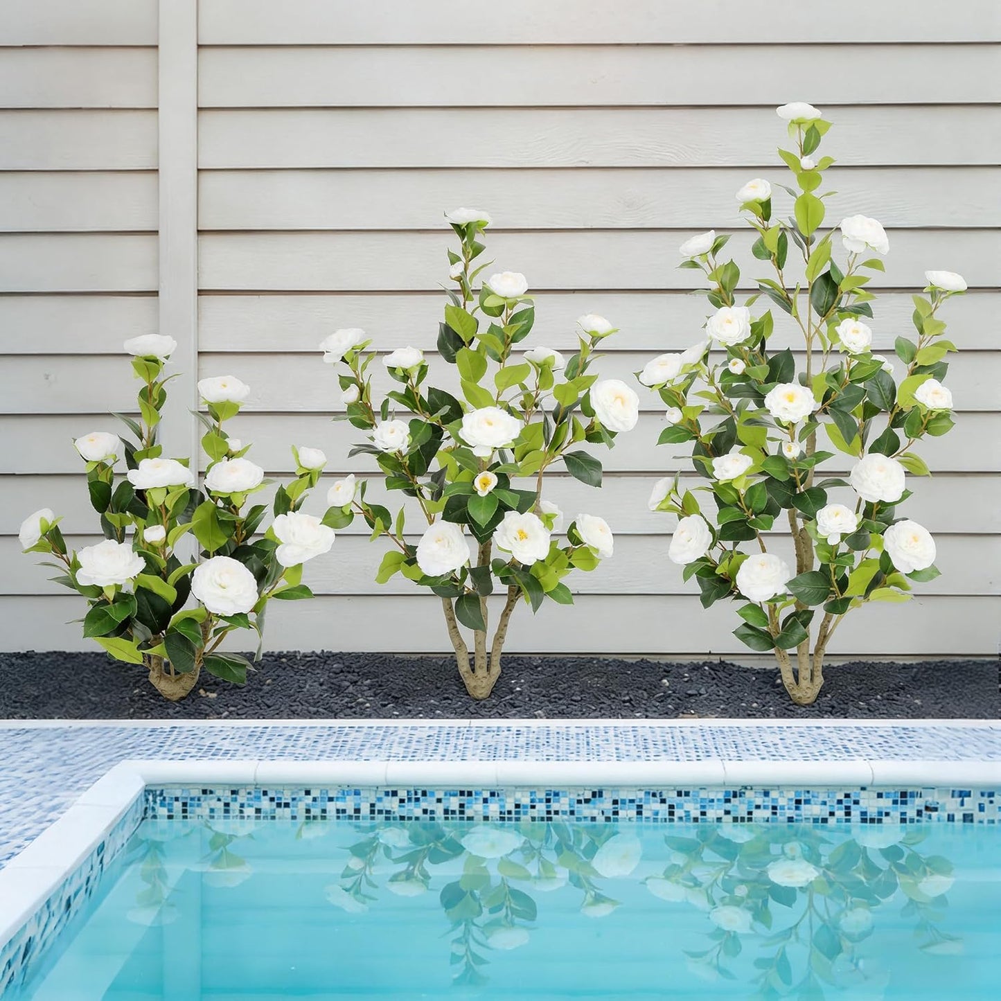 5ft Artificial Camellia Tree with Silk Orange Flowers, 60in Faux Camellia Plant with Lifelike Trunk, Fake Flower Tree Potted Front Door Plants for Porch Patio Deck Living Room Decor, 2Pack